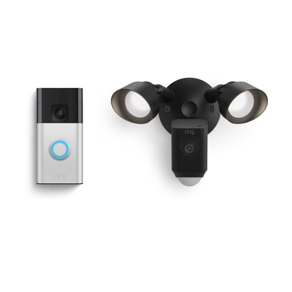 imageRing Battery Doorbell with Ring Floodlight Cam Wired Plus WhiteSatin Nickel