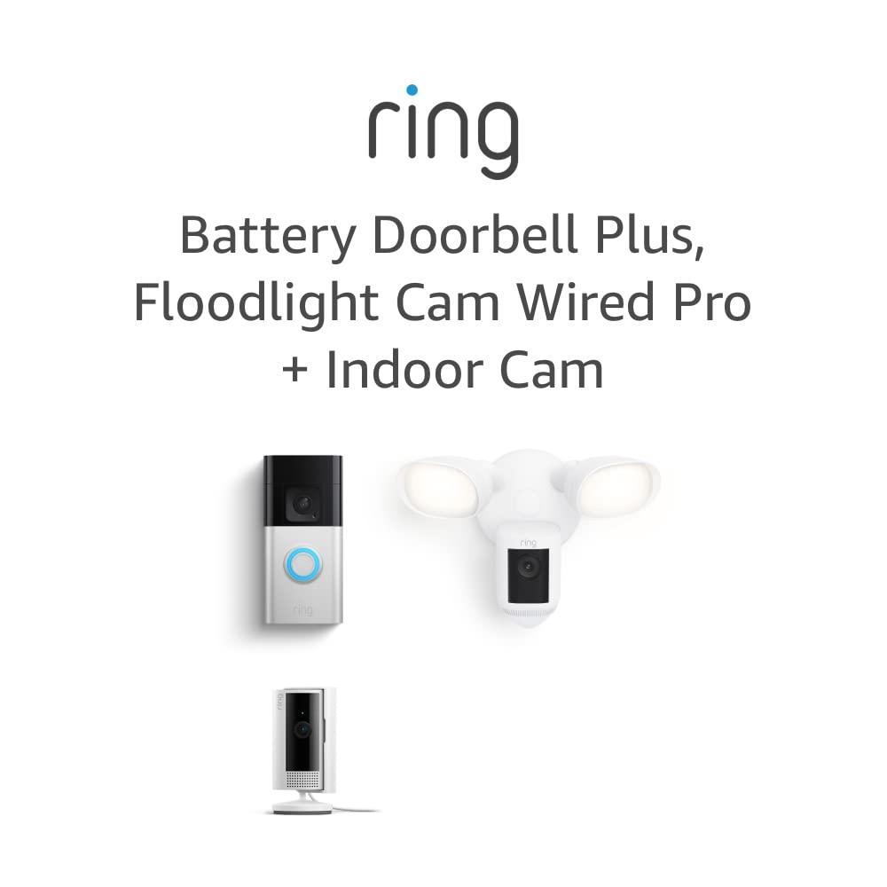imageRing Floodlight Cam Wired Pro White with Ring Battery Doorbell Plus and Allnew Ring Indoor Cam White