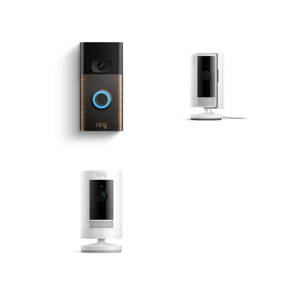 imageRing Video Doorbell Venetian Bronze with Ring Stick Up Cam Battery and Ring Indoor Cam White