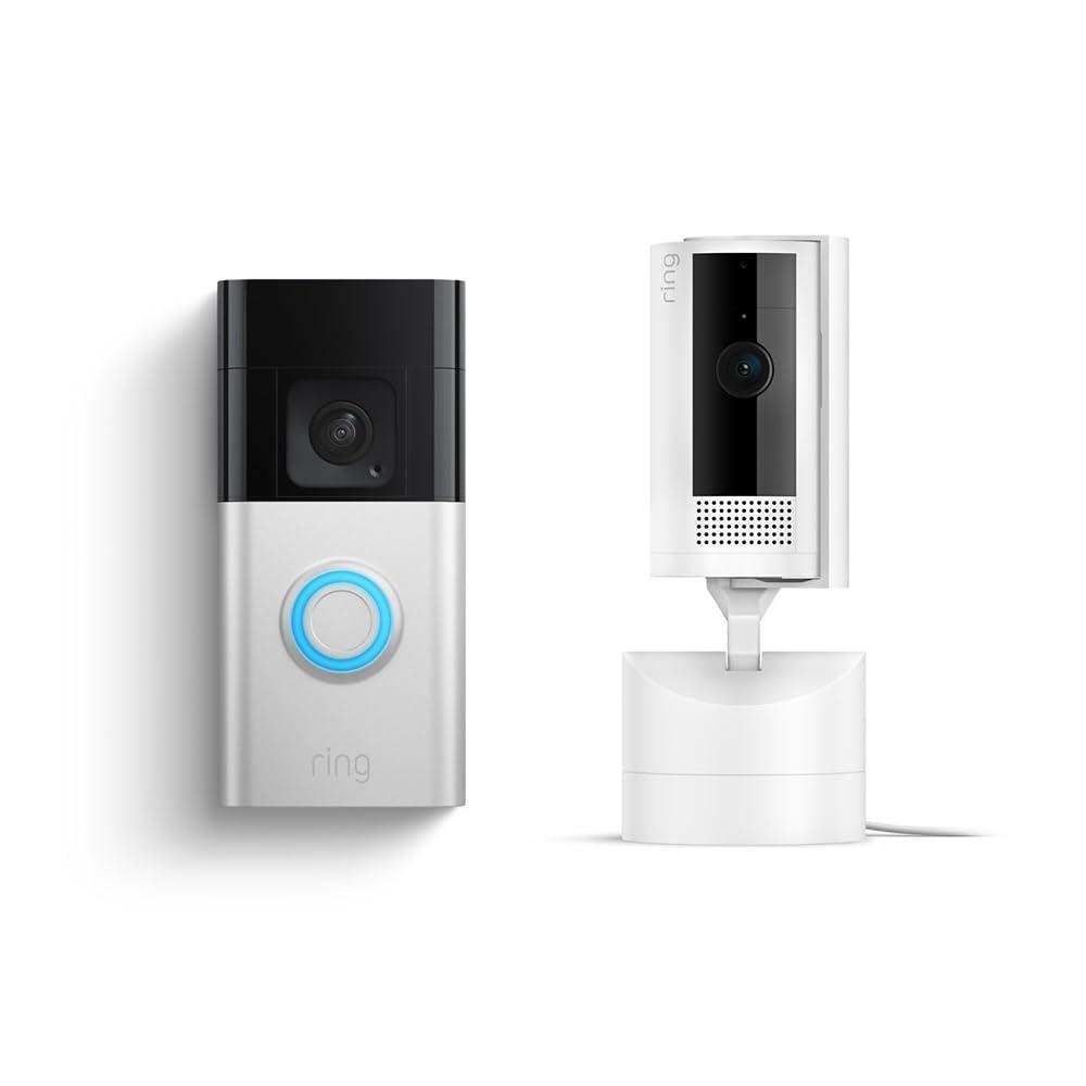 imageRing PanTilt Indoor Cam White with Ring Battery Doorbell Plus Satin Nickel