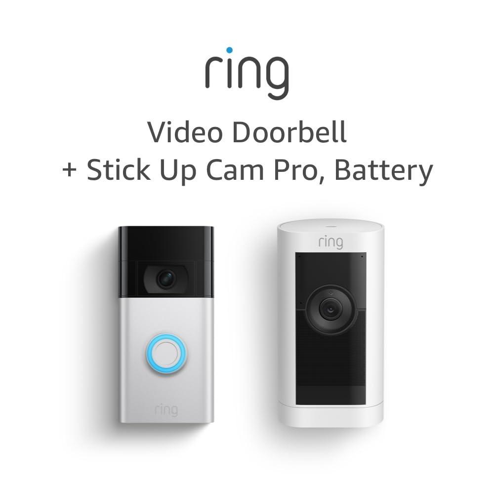 imageRing Video Doorbell Satin Nickel with Ring Stick Up Cam Pro Battery White