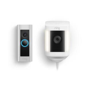 Ring Wired Doorbell Plus with Ring Spotlight Cam Plus, Plug-In White